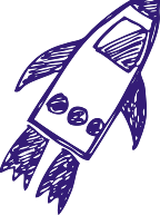 Simple hand-drawn blue rocket sketch on a white background.